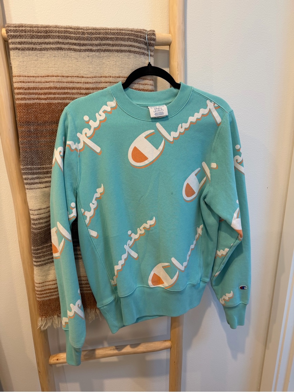 Champion Aqua Script Logo Crewneck Sweatshirt
